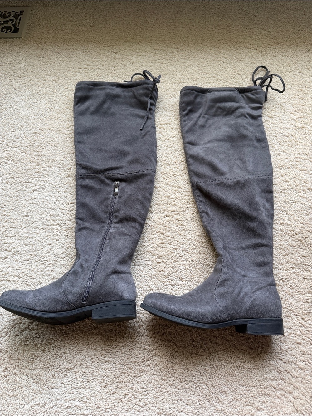 Gray Over-the-Knee Suede-Style Boots with Back Tie